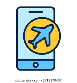 Flat colored smartphone icon showing airplane mode symbol ideal for travel tools connectivity settings and signal control.