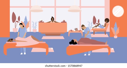 Flat colored spa procedure illustration with massage and relaxation procedures and beauty relaxation vector illustration