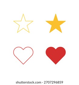 Flat Colored Star and Heart Icon Set in Outline and Solid Style for Favorite, Like, and Rating