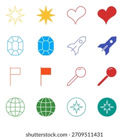 Conjunto de iconos de Estado y Locación de color plano en contorno y estilo sólido para Premium Value y navegación global