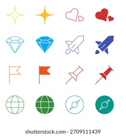 Conjunto de iconos de Estado y Locación de color plano en contorno y estilo sólido para Premium Value y navegación global