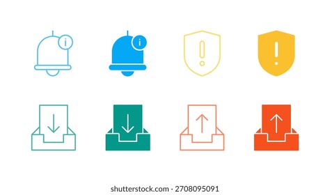 Conjunto de iconos de Estado y buzón de color plano en contorno y estilo sólido para información y comunicación del sistema