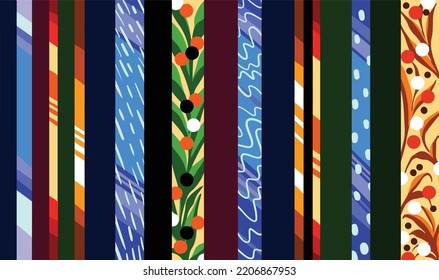 Flat colored stripes with botanical leaf and diagonal lines decoration pattern. Simple vector social media template cover wallpaper