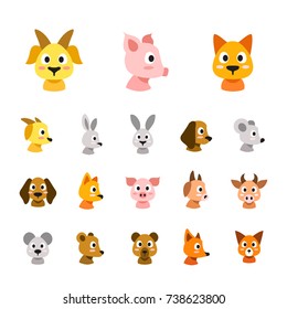 Flat colored style animal faces icon set