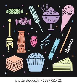 Flat colored sugary sweet foods colorful vector icon silhouette isolated on dark square background. Simple flat and cute minimalist cartoon art styled drawing.