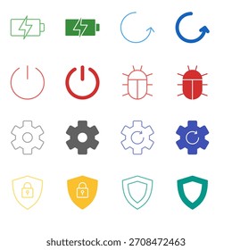 Conjunto de iconos de utilidad de sistema de color plano en contorno y estilo sólido para el Estado de dispositivos y la gestión de seguridad