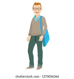 Flat colored Teen boy man student standing with a shoulder bag happy smile wearing glasses