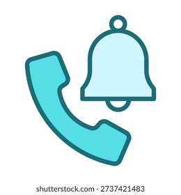 Flat colored telephone call icon with bell symbol representing incoming call alerts, ringtone notifications, and communication reminders in mobile applications.