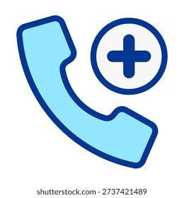 Flat colored telephone call icon with add symbol representing new contact creation, phone directory expansion, and communication management in digital applications.