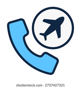 Flat colored telephone call icon combined with airplane symbol representing travel communication, global roaming services, cross border connectivity, and international telecom access.