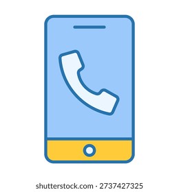 Flat colored telephone call icon combined with phone device symbol representing mobile telecom services, voice transmission, contact connectivity, and digital communication networks.