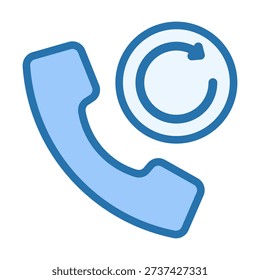 Flat colored telephone call icon combined with refresh symbol representing call updates, data synchronization, system reload functions, and digital communication management processes.
