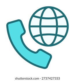 Flat colored telephone call icon combined with globe symbol representing worldwide communication, international connectivity, global telecom services, and cross border contact systems.