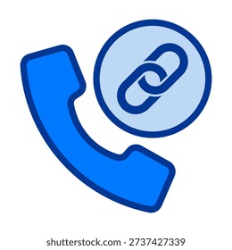 Flat colored telephone call icon combined with link symbol representing interconnected systems, shared access networks, digital integration, and seamless telecom connectivity services.