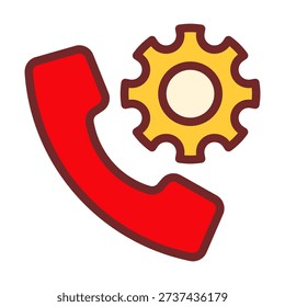 Flat colored telephone call icon combined with gear symbol representing system configuration, communication preferences adjustment, telecom customization, and device control management features.