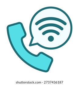 Flat colored telephone call icon combined with wifi symbol representing wireless internet access, broadband communication services, and modern telecom connectivity systems.