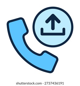 Flat colored telephone call icon combined with upload symbol representing file transfer, data sharing, cloud storage access, and mobile telecom communication services.