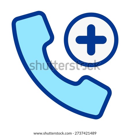 Flat colored telephone call icon with add symbol representing new contact creation, phone directory expansion, and communication management in digital applications.