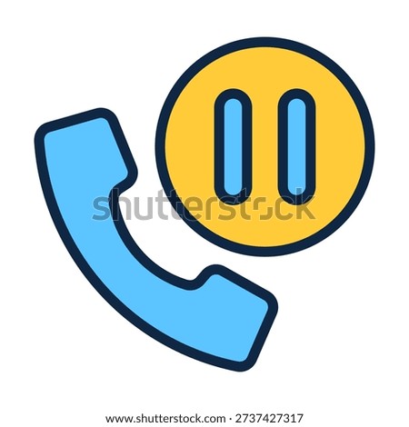 Flat colored telephone call icon combined with pause symbol representing temporary hold function, audio interruption control, and telecom management during active conversations.