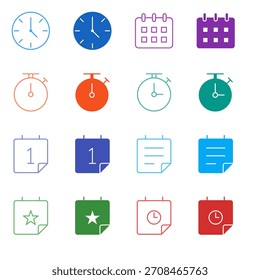 Icono de calendario y tiempo de color plano establecido en esquema y estilo sólido para la programación y la gestión de la productividad