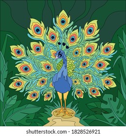 Flat colored tropical bird peacock composition with different colors factures and style vector illustration