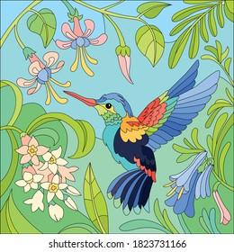 Flat colored tropical little bird colibri composition with pink and violet flowers vector illustration