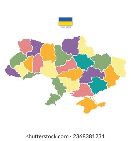 Flat colored Ukraine map. Outline with division to region. Ukraine map isolated on white background. Illustration with national flag.