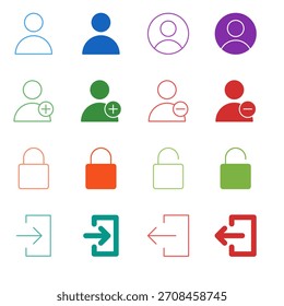 Conjunto de iconos de Cuenta de usuario de color plano en contorno y estilo sólido para administración de seguridad y autenticación