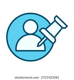 Icono de pin de inserción de persona de usuario de color plano que representa la ubicación de la posición del perfil anclado y el punto guardado.