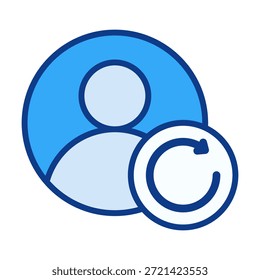 Icono de actualización de persona de usuario de color plano que representa la sincronización del Actualizar de recarga y el proceso de Renovación de perfil.