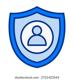 Ícone de escudo pessoal de usuário de cor plana representando forte proteção de conta e status de defesa.