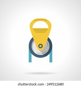 Flat Colored Vector Icon For Climbing Or Construction Yellow Pulley With Blue Cord On White Background.