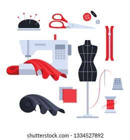 Flat colored vector icon set. Consist of sewing machine, pincushion, scissors, buttons, zipper, mannequin, fabric, reel of thread and thimble. For advertising of sewing studio and tailor stores.