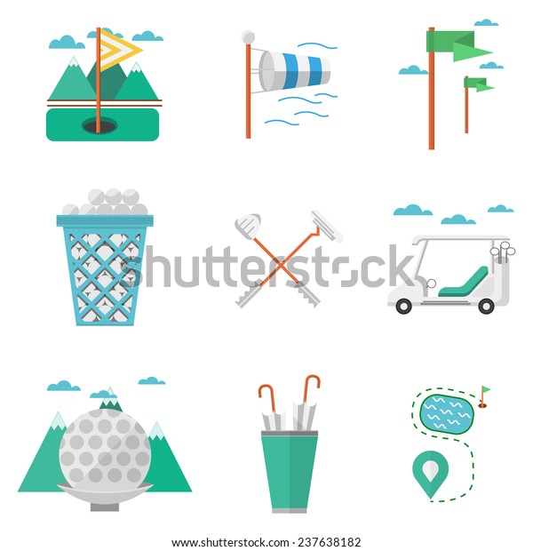 Flat\
colored vector icons for golf. Colored flat icons vector collection\
of some elements for golf on white\
background.