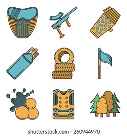 Flat colored vector icons for paintball. Set of flat color vector icons with black contour for paintball on white background.
