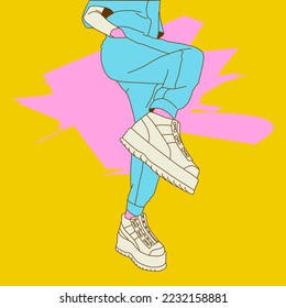 Flat colored vector illustration. Stylish urban look. Fashion Sneakers outfit