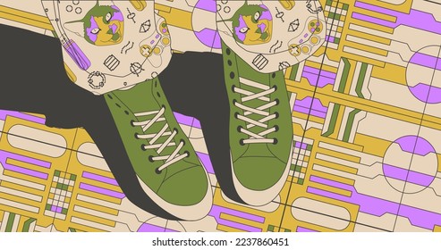 Flat colored vector illustration. Stylish urban look. Sneakers outfit and abstract retro pattern design
