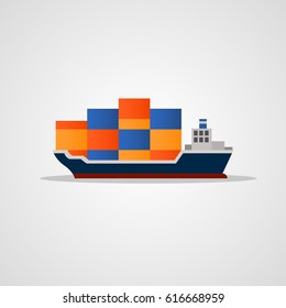 Flat colored vector loaded container ship decorative element. Modern global cargo shipping design element. Vector illustration