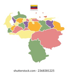 Flat colored Venezuela map. Outline with division to region. Venezuela map isolated on white background. illustration with national flag.