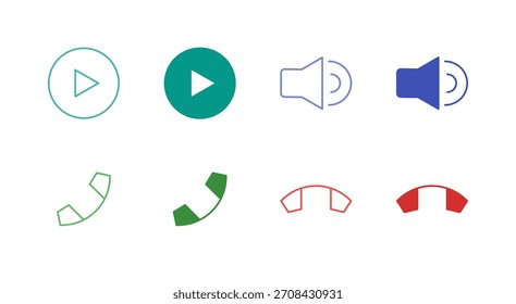 Video Conjunto de iconos de llamadas y llamadas de color plano en contorno y estilo sólido para medios y telecomunicaciones