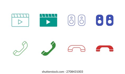 Video Conjunto de iconos de llamadas y llamadas de color plano en contorno y estilo sólido para medios y telecomunicaciones