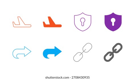 Flatfarbenes VPN und Sharing Icon Set im Umriss und Solid Style für sichere Verbindung und Datenübertragung