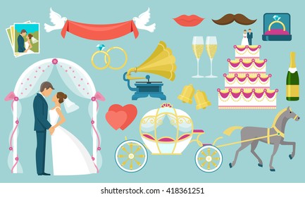 Flat colored wedding icon set with isolated figures of bride and groom and wedding attributes vector illustration