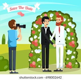 Flat colored wedding people orthogonal composition with two men in love are married vector illustration