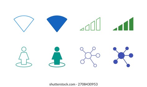 Flat Colored Wi-Fi and Network Icon Set in Outline and Solid Style for Connectivity and Signal Status