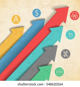 Flat colorful abstract business background with arrows and icons vector illustration