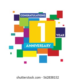 flat colorful abstract square 1 year anniversary. vector design fro kids, family, shop, business, and various event
