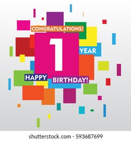 flat colorful abstract square 1 year anniversary. vector design for kids, family, shop, business, and various event