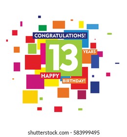 flat colorful abstract square 13 years birthday. vector design fro kids, family, shop, business, and various event