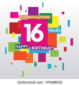 flat colorful abstract square 16 years anniversary. vector design for kids, family, shop, business, and various event